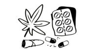 Savuava sätkä, kannabiskasvi ja pillereitä.