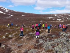 Kilpisjärven juhannushiihdot. Paljon ihmisiä tunturin rinteellä.