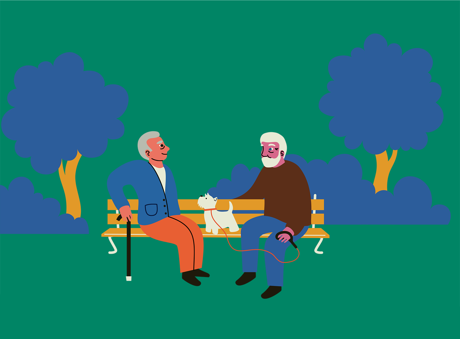 Piirroskuvassa kaksi ikäihmistä istuu puistonpenkillä.
