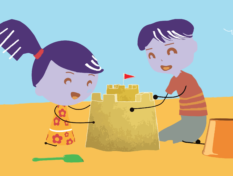 Piirroskuva. Kaksi lasta rakentaa hiekkalinnaa.