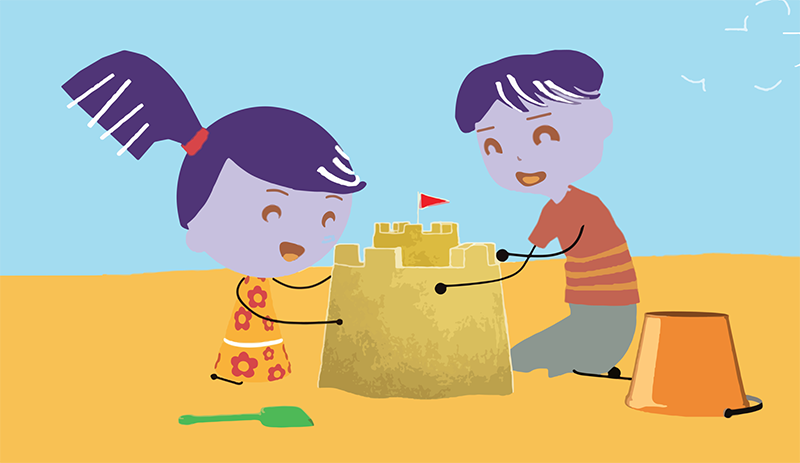 Piirroskuvassa kaksi lasta rakentaa hiekkalinnaa.