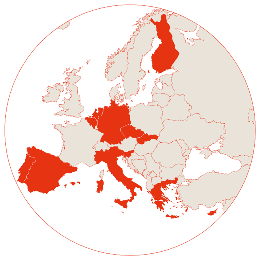 Euroopan kartta, johon punaisella merkattu 12 Make the difference -hankkeeseen osallistuvaa maata.