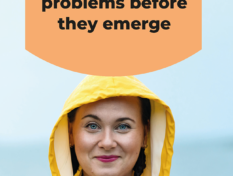 A woman in a raincoat. Text: Let’s prevent substance abuse and gaming problems before they emerge.