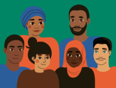 Piirros, jossa kuusi ihmistä erilaisista etnisistä ja kulttuurisista taustoista
