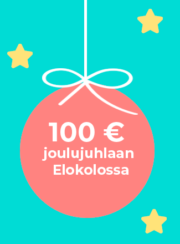 Piirretyssä joulupallossa teksti 100 € joulujuhlaan Elokolossa.