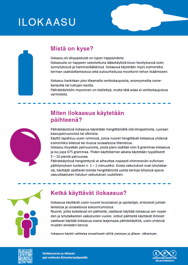 Infograafin otsikko: Ilokaasu. Kolme väliotsikkoa: Mistä on kyse? Miten ilokaasua käytetään päihteenä? Ketkä käyttävät ilokaasua?