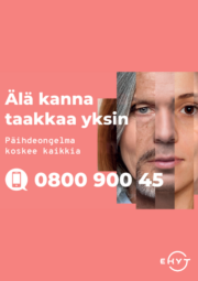 Useista valokuvista on muodostettu kollaasi ihmiskasvoista. Teksti: Älä kanna taakkaa yksin. Päihdeongelma koskee kaikkia. Puhennumero 0800 900 45.