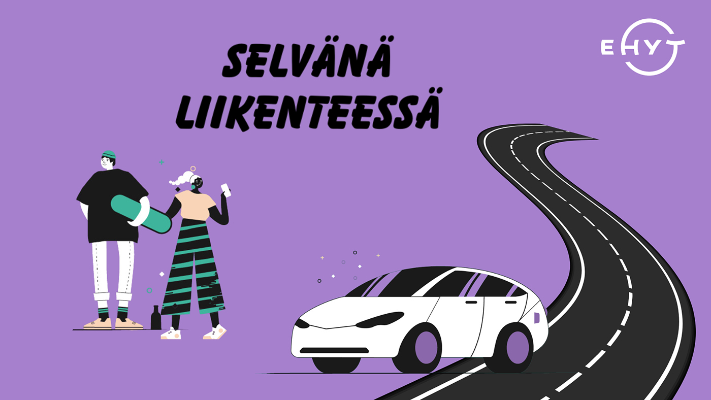 Selvänä liikenteessä. Piirroskuvassa auto ja ihmishahmoja juomien kanssa.