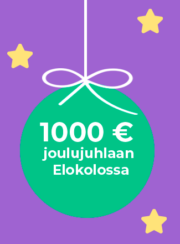 Piirretyssä joulupallossa teksti 1000 € joulujuhlaan Elokolossa.