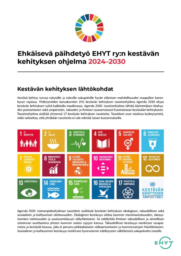 Kuva EHYTin kestävän kehityksen ohjelma -esitteen ensimmäisestä sivusta.