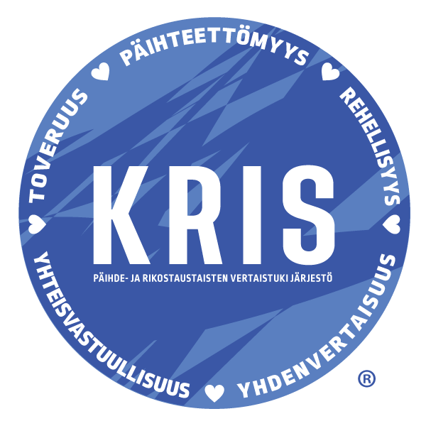 Kris. Päihde- ja rikostaustaisten vertaistukijärjestö. Toveruus. Päihteettömyys. Rehellisyys. Yhteisvastuullisuus. Yhdenvertaisuus.