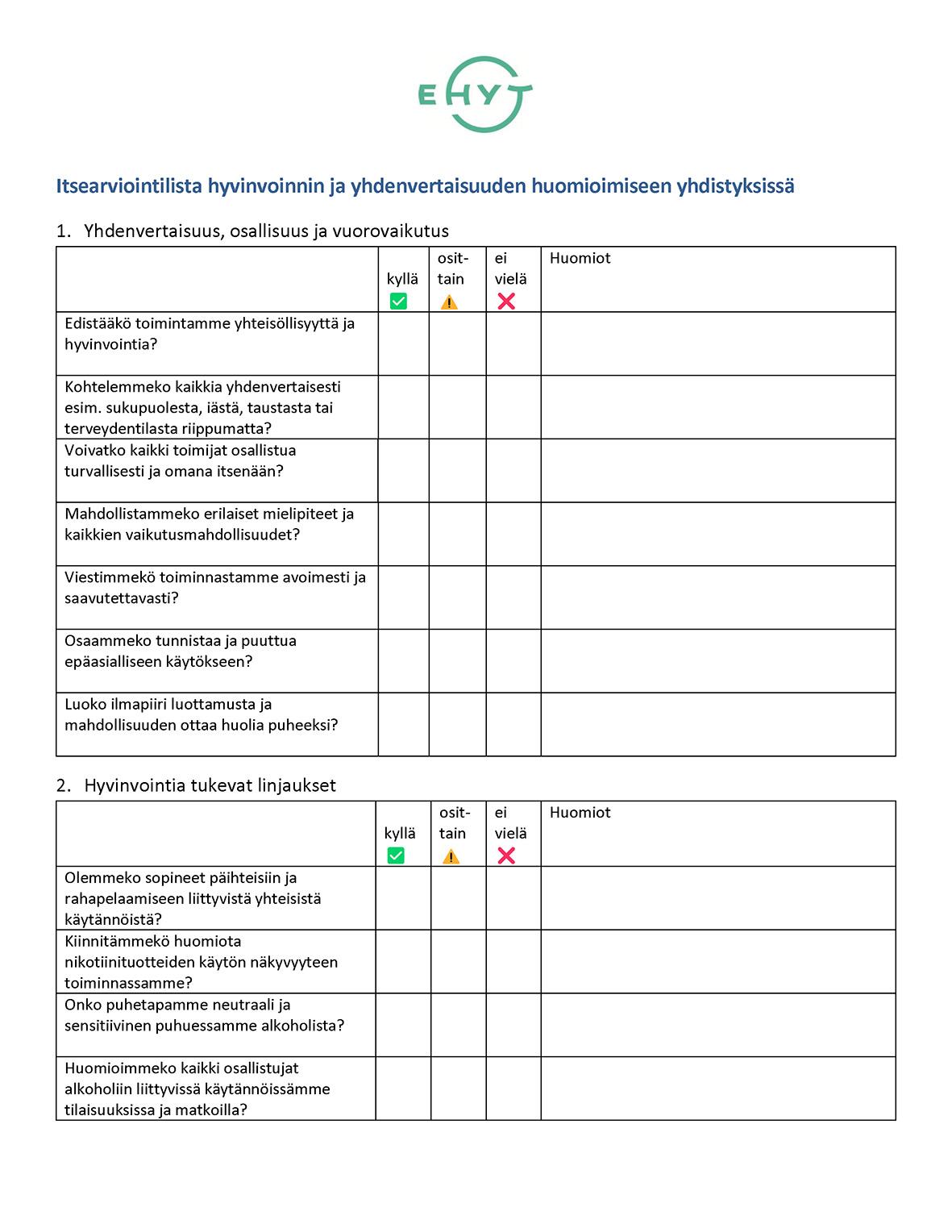 Itsearviointilomake. Kysymyksiä taulukossa.