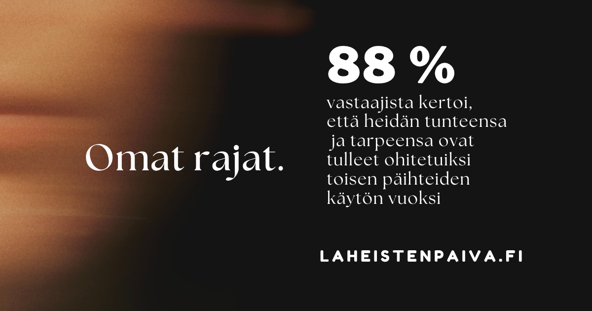 Omat rajat. 88 % vastaajista kertoi, että heidän tunteensa ja tarpeensa ovat tulleet ohitetuiksi toisen päihteiden käytön vuoksi. LAHEISTENPAIVA.FI
