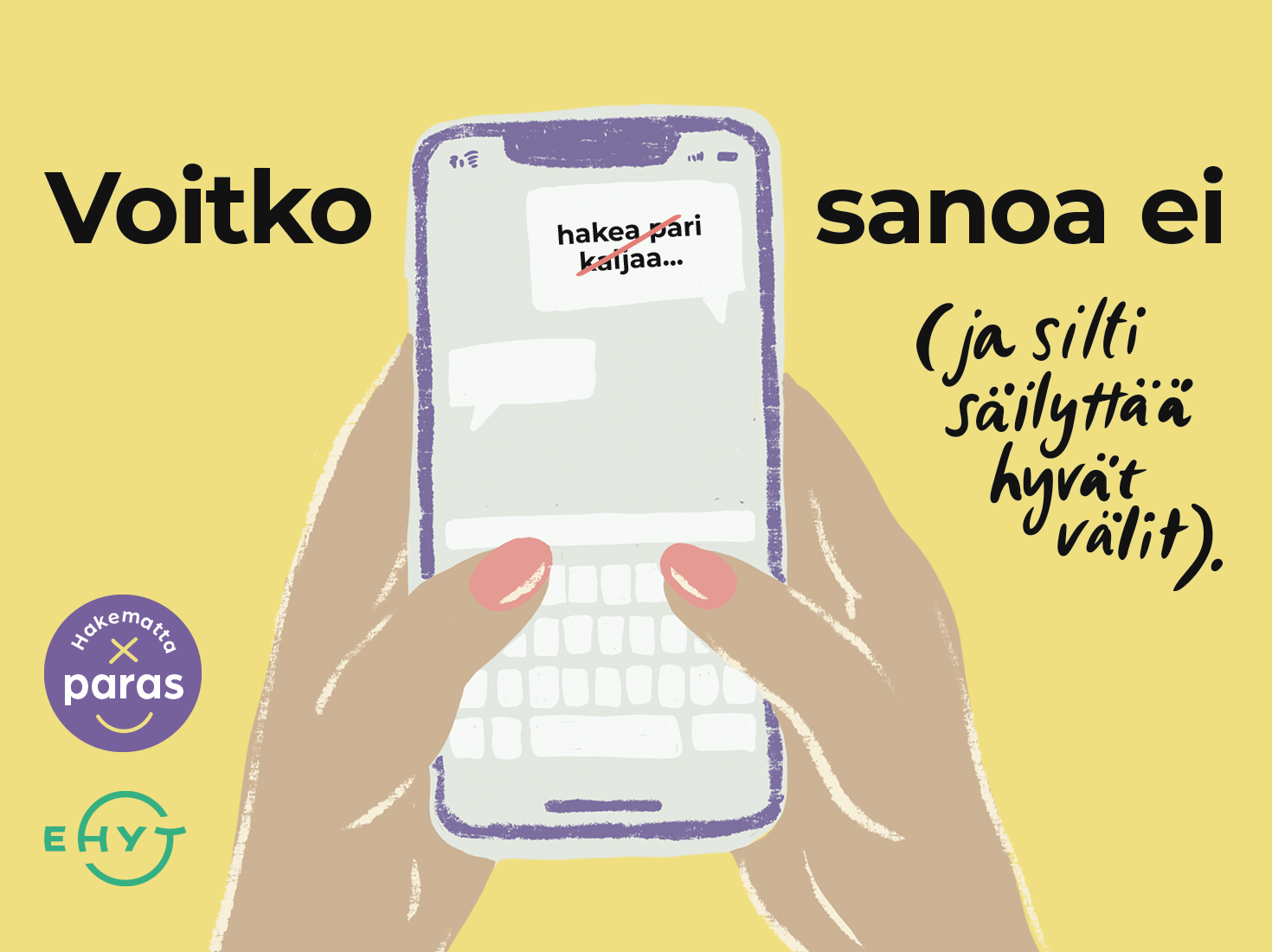 Keltaisella taustalla piirretyt kädet pitää puhelinta. Tekstinä voitko sanoa ei ja silti säilyttää hyvät välit. Hakematta paras logo ja EHYT ryn logo.