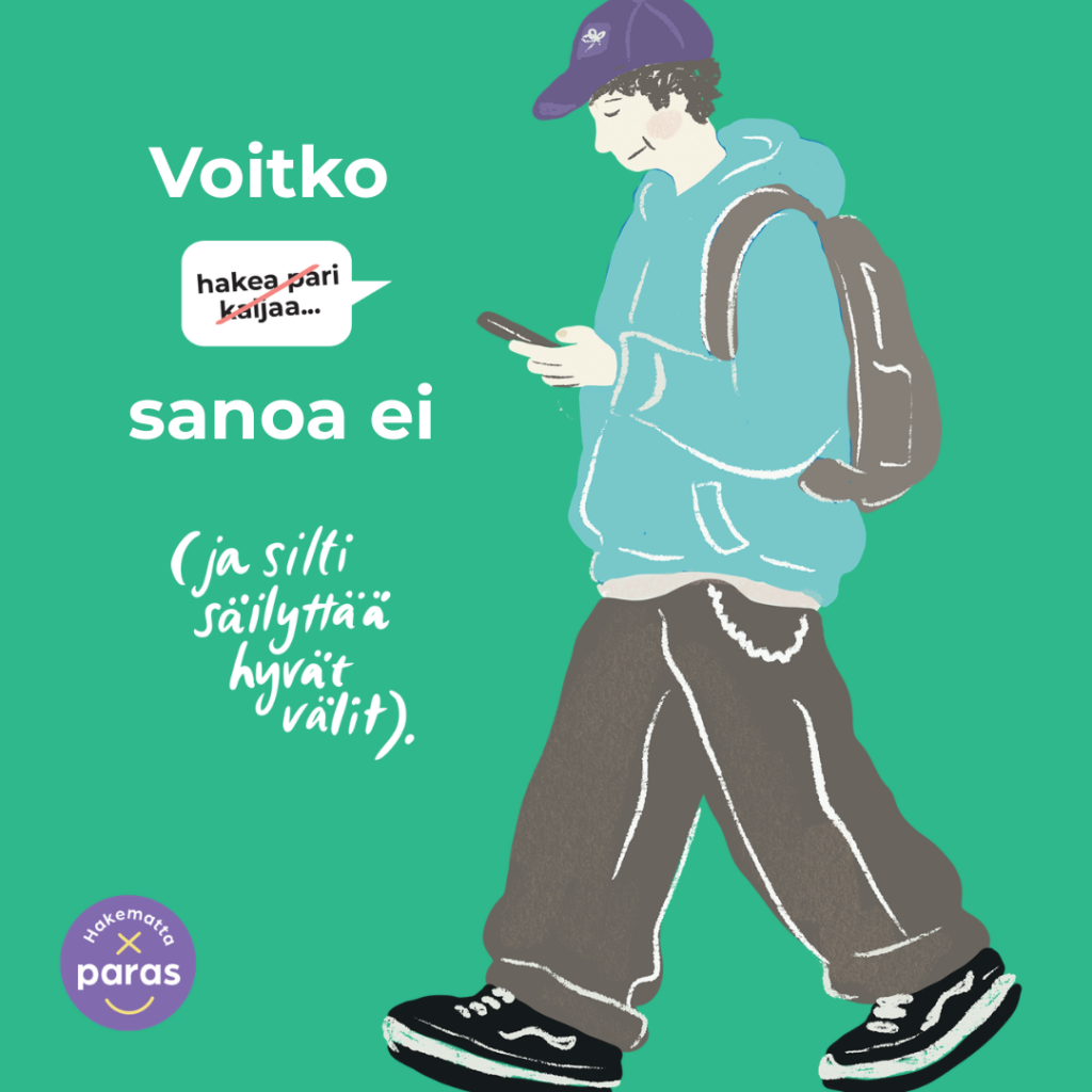 Hakematta paras -kampanjan kuva, jossa nuori kävelee puhelimen kanssa.